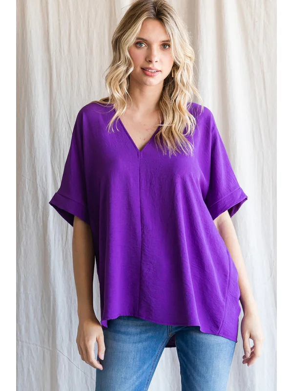 Sports Design V-Neck Shift Top, Purple