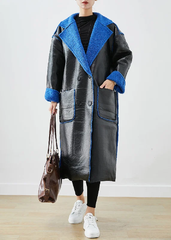 Avant-garde Design Women Black Fleece Wool Lined Wear On Both Sides Faux Leather Coat Outwear Winter