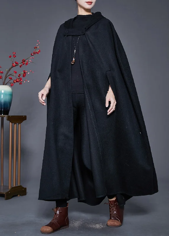 Comfortable And Versatile Plus Size Black Hooded Oversized Woolen Trench Cloak Sleeves