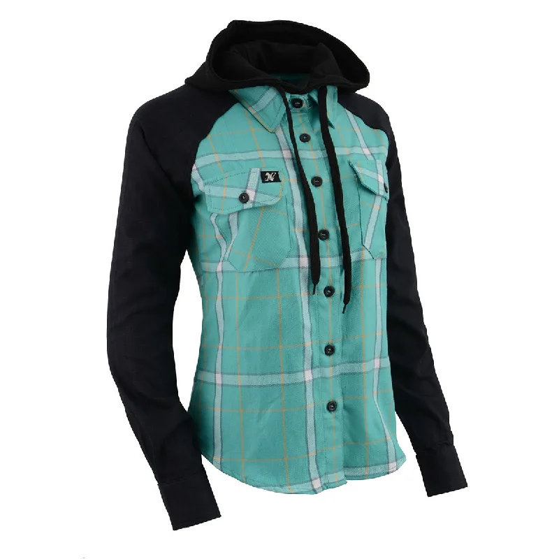 Sweet Style Milwaukee Leather MNG21601 Women's Casual Black and Teal Long Sleeve Cotton Flannel Shirt with Hoodie