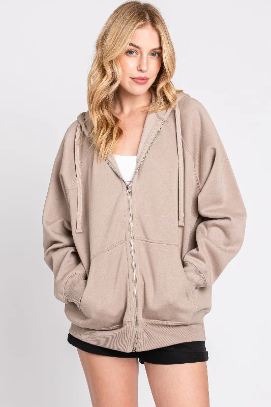 Comfortable And Casual Taupe Front Zipper Hooded Sweater