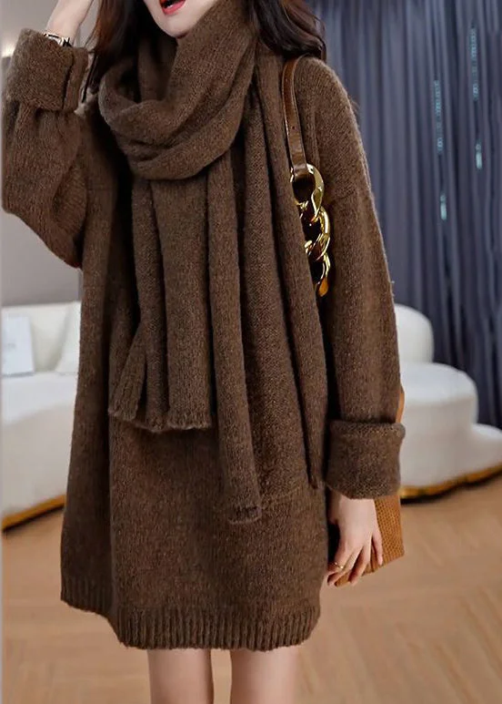 Stunning Fashion Style Coffee V Neck Oversized Knit Sweater Dress Winter