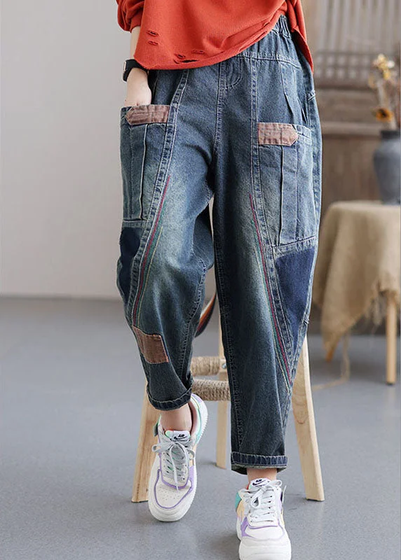 Elegant And Charming Women Blue Pockets Patchwork Casual Fall Denim Pants