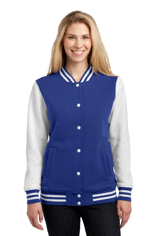 Slightly Flared Design Sport-Tek Womens Snap Down Fleece Letterman Jacket - True Royal Blue/White - Closeout