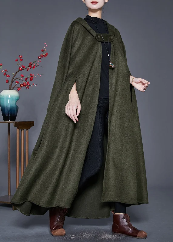 Comfortable And Casual Army Green Loose Woolen Trench Coats Hooded Cloak Sleeves