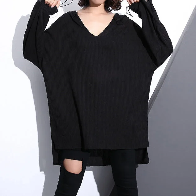 High Street Style stylish black cotton blended oversized Hooded baggy clothing tops women long sleeve asymmetrical design cotton clothing