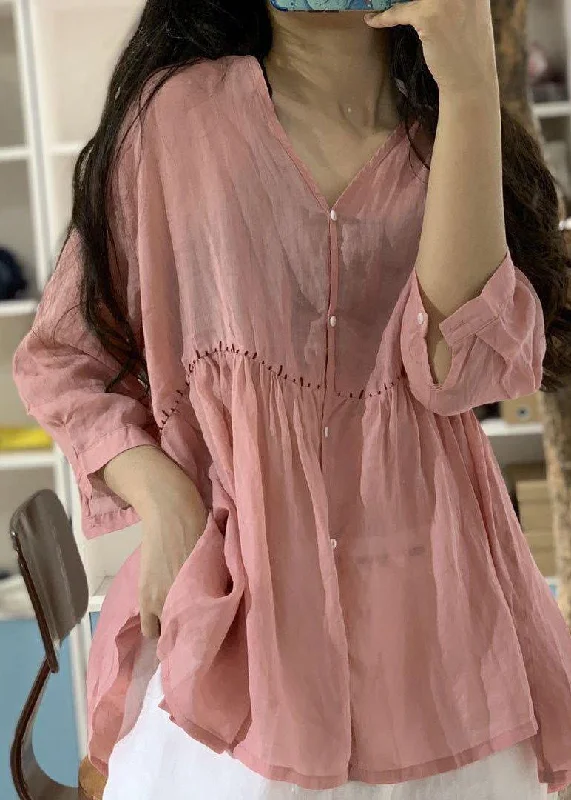 Fashion Elements Women v neck linen shirts women pattern pink blouse fall