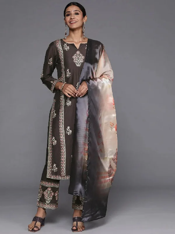 Slightly Flared Design Charcoal Printed Silk Blend Straight Kurta With Dupatta