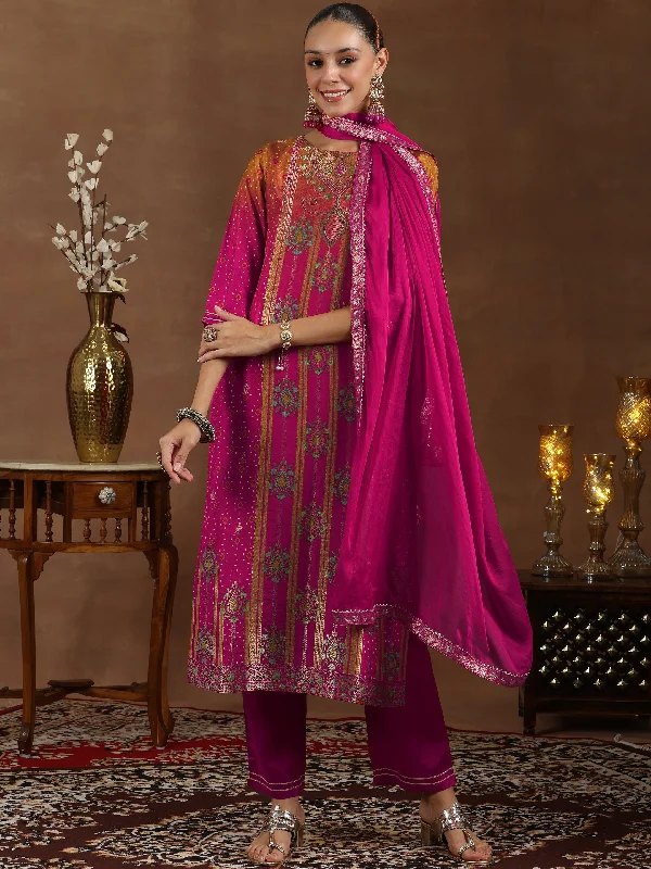 Playful Style Pink Woven Design Silk Blend Straight Suit With Dupatta