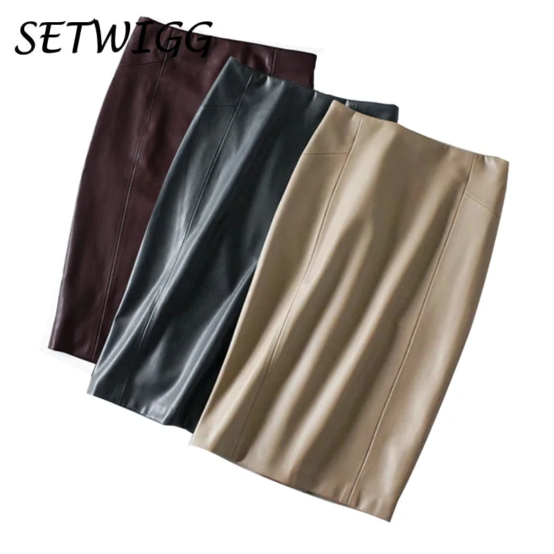 Celebrity Style Women Sexy Soft PU Leather Pencil Midi Skirt Autumn Ladies Package Hip Back Split Faux Leather Pencil Skirt Burgundy Coffee