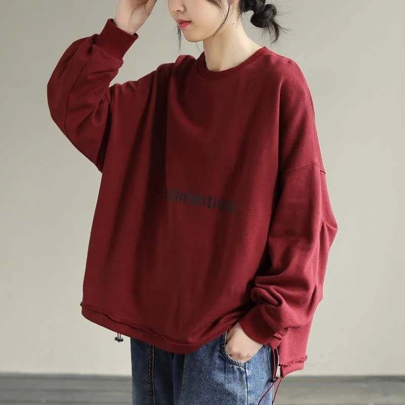 Fashion Elements Style Red Alphabet Prints cotton Blouse Drawstring baggy Spring blouses