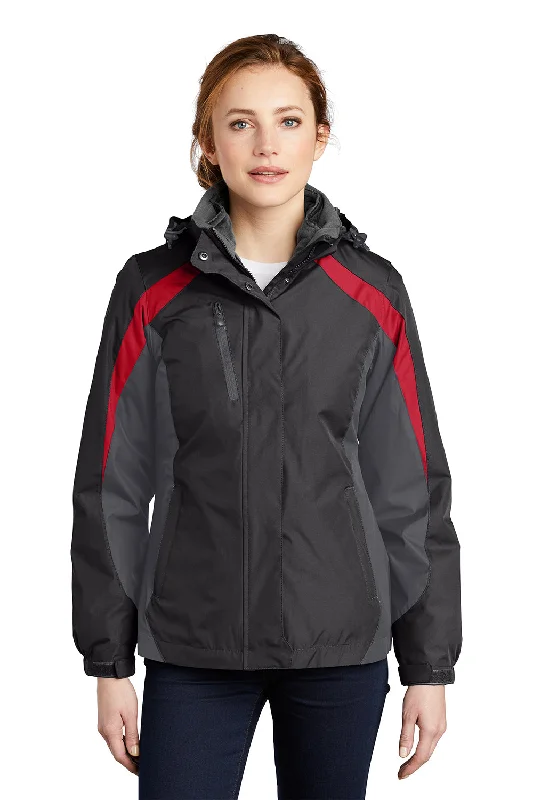 Trendy Items Port Authority Womens 3-in-1 Wind & Water Resistant Full Zip Hooded Jacket - Black/Magnet Grey/Signal Red