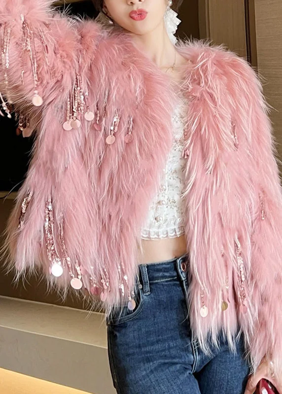 Ethnic Style Modern Pink Sequins Tassel Leather And Fur Coats Winter