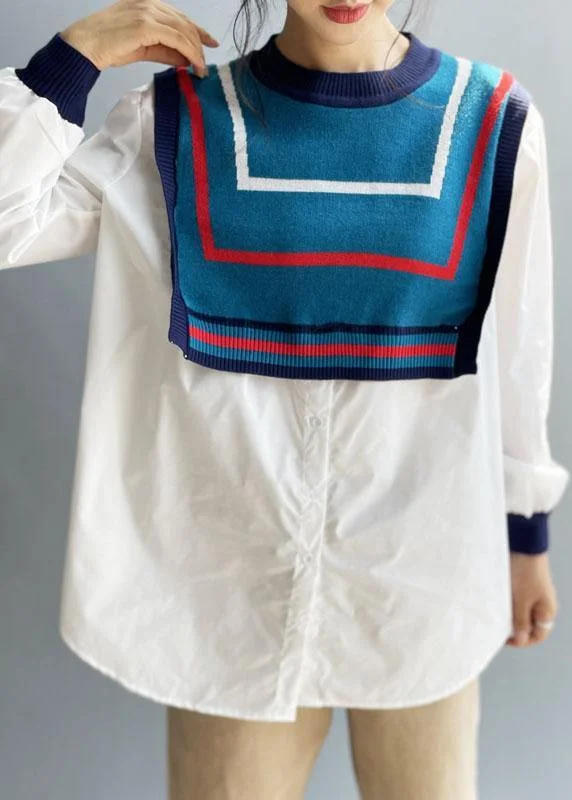 Embroidered Letters Style White Patchwork Knit Button Fall Tops Long sleeve