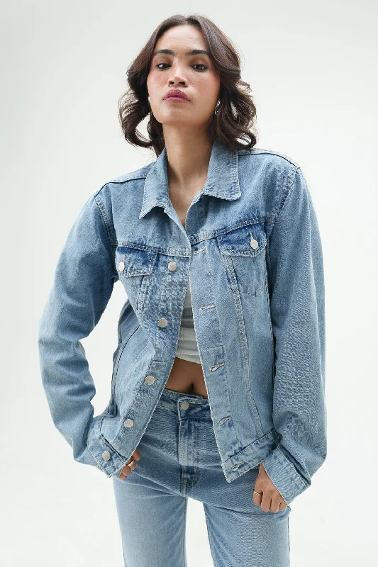 Simple Solid Color Galactic Blue Classic Denim Jacket