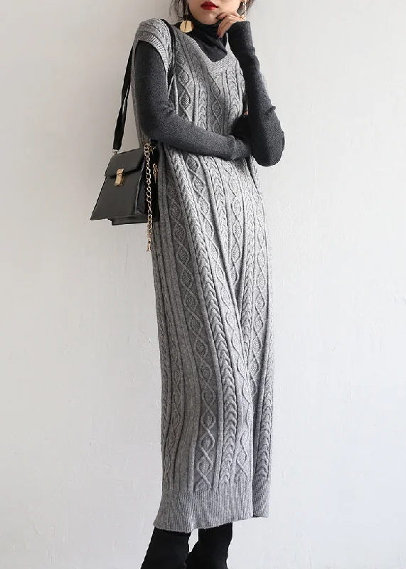 Playful Style Loose Grey V Neck Patchwork Knit Long Dressess Sleeveless