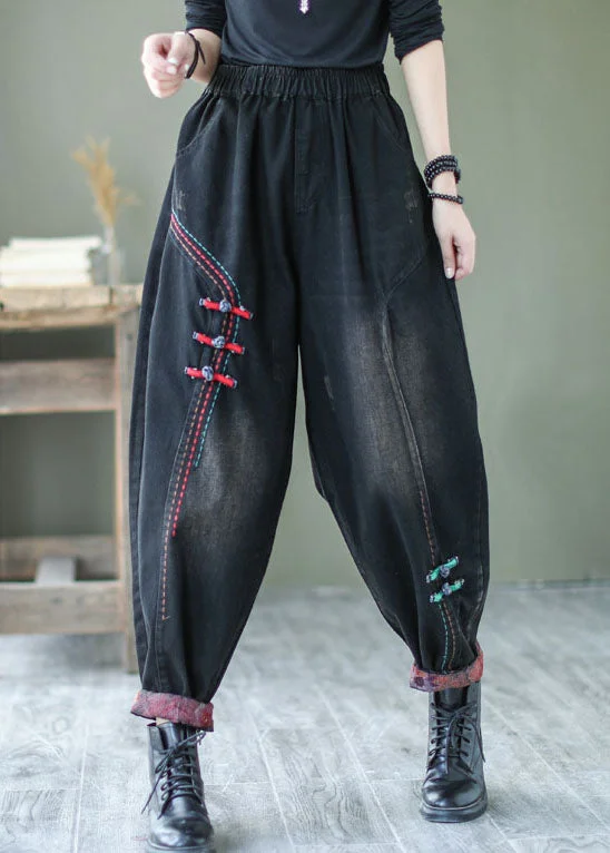 Exquisite Fabrics Natural Black Button denim harem Pants Spring