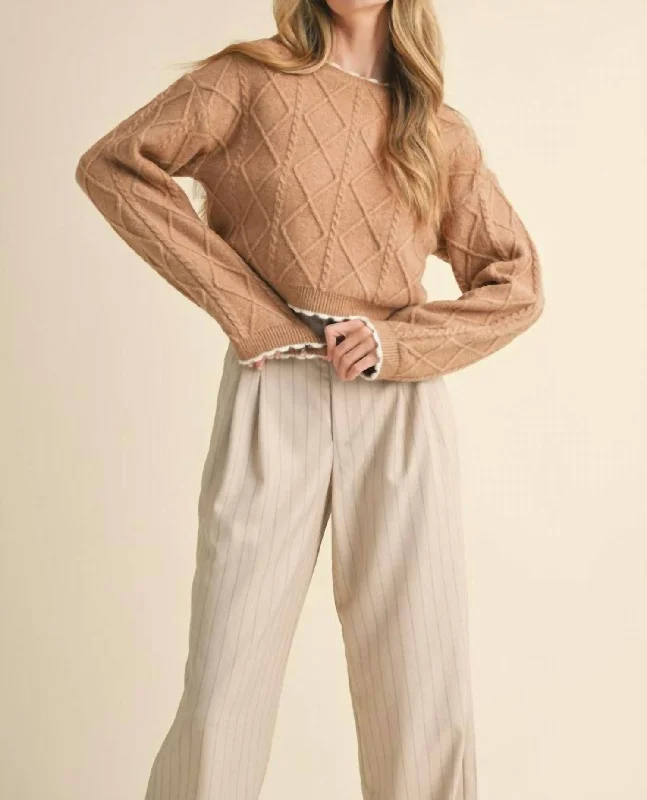 Playful Style Cable Knit Cropped Sweater In Camel