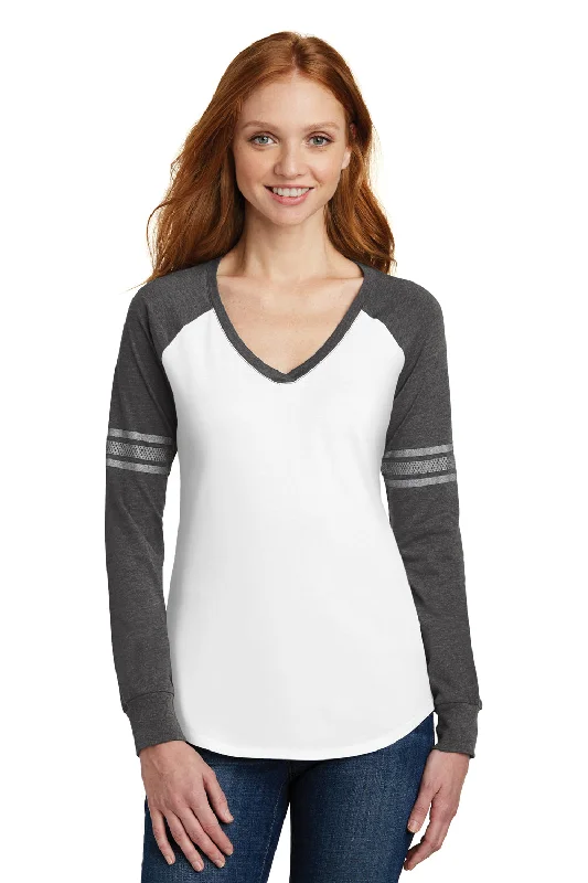 Modern Tailoring District Womens Game Long Sleeve V-Neck T-Shirt - White/Heather Charcoal Grey/Silver Grey - Closeout