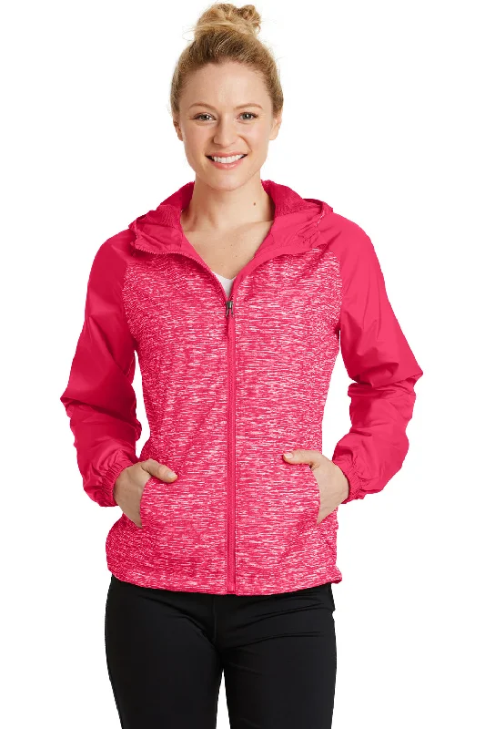 Free And Casual Sport-Tek Womens Wind & Water Resistant Full Zip Hooded Jacket - Heather Raspberry Pink/Raspberry Pink - Closeout