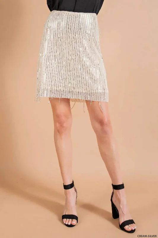 Celebrity Style Sequined Mini Skirt In Cream-Silver