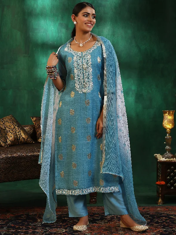 Retro Fashion Turquoise Blue Printed Silk Blend Straight Suit With Dupatta