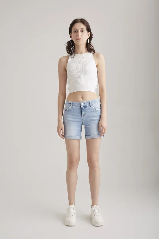 Outdoor Trend Emma Mid Waist 5 Pocket Denim Shorts Light Blue