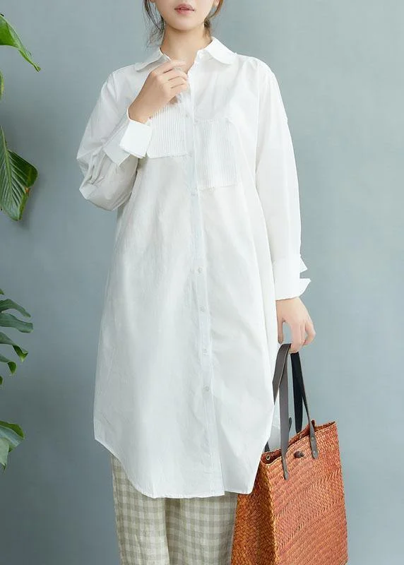 Fresh And Simple Style White PeterPan Collar Pockets Button Fall Asymmetrical Design Shirt Tops Long Sleeve