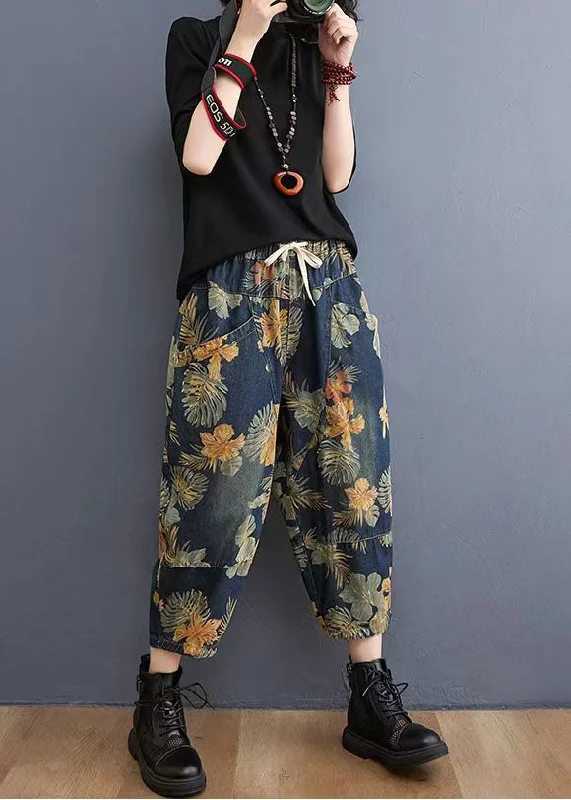 Versatile Items French Navy elastic waist drawstring pockets Print Denim Pants Spring