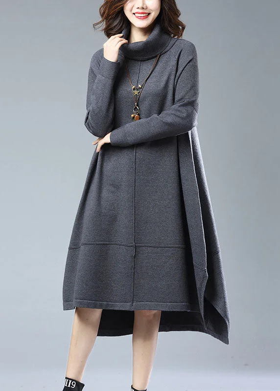 Sports Fashion Italian Grey Turtleneck Low High Design Patchwork Woolen Dress Fall