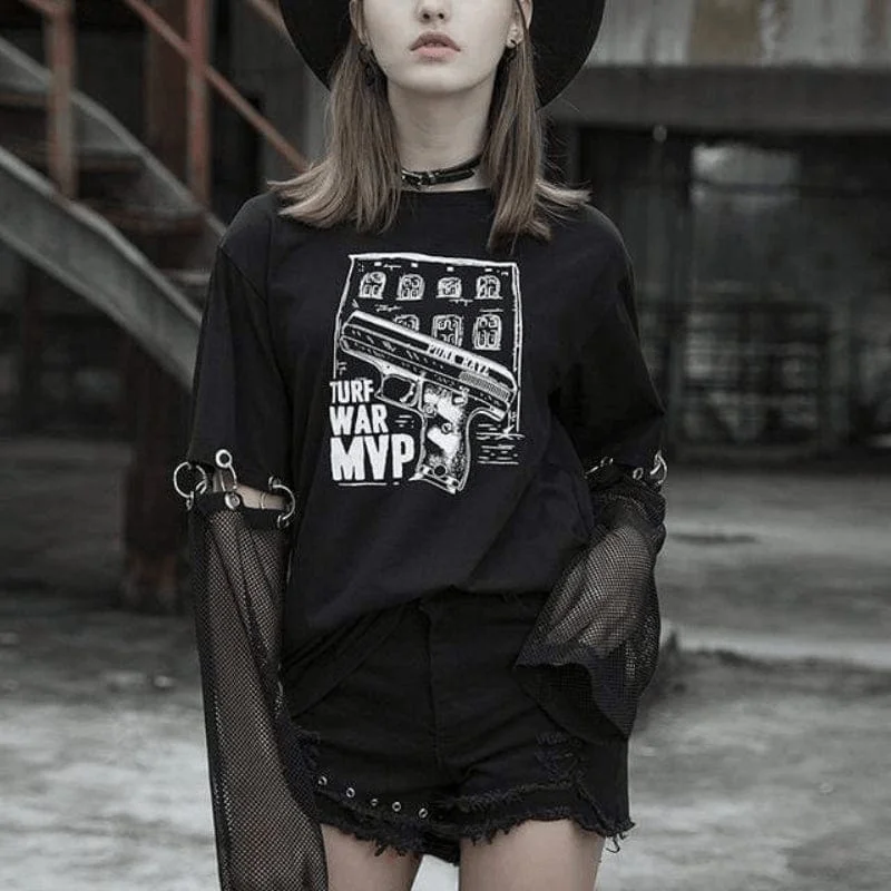 Romantic And Fresh Women's Punk Printed Loose Black T-Shirt With Detachable Sleeves