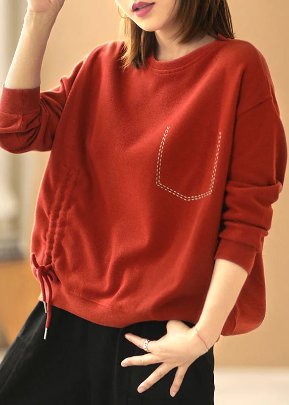 European And American Style Style Red Loose O-Neck Patchwork Fall Sweatshirts Top