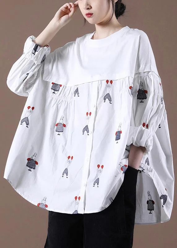 Fashion Style Women Embroidery Spring Chic Tunic White Top