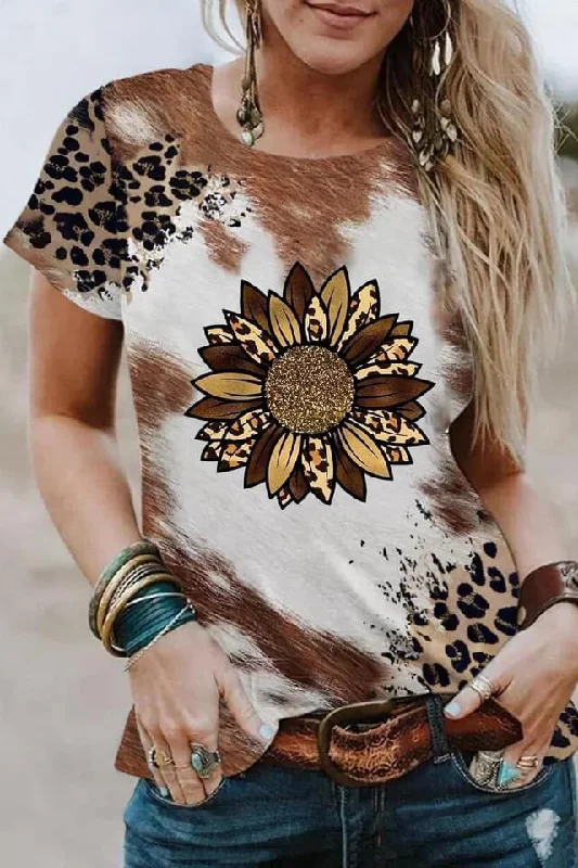 Diamond Series Chestnut Leopard Bleached Sunflower Graphic Crewneck Tee