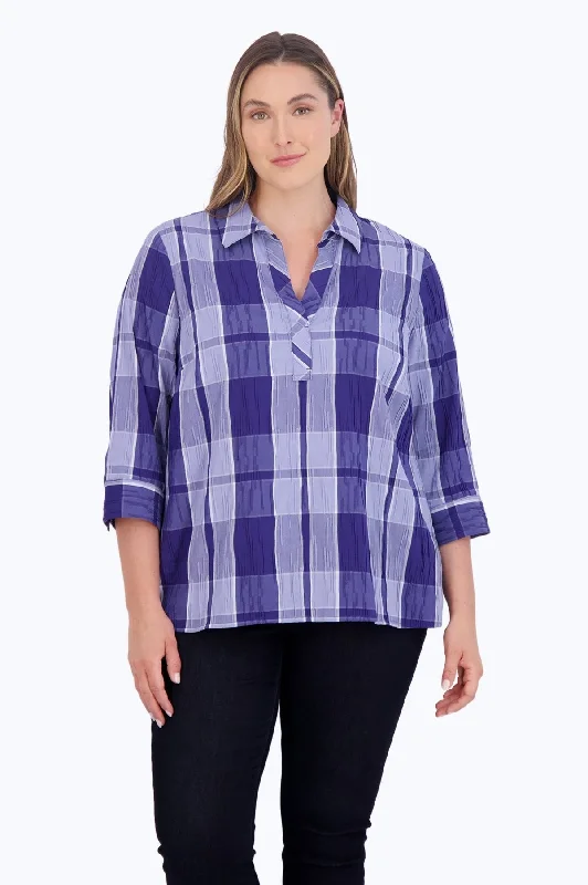 Fashionable Items Sophia Plus Denim Plaid Crinkle Popover