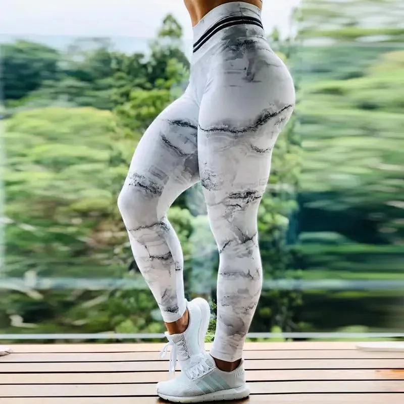 British Fashion Marble Print High Waist Workout Leggings - Moisture-Wicking & Tummy Control