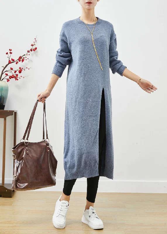 Classic Style Style Blue Grey O-Neck Side Open Knit Long Dress Fall