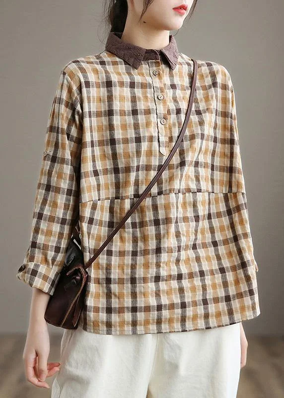 Classic Women Lapel Patchwork Spring Shirts Fabrics Lighe Orange Plaid Blouses