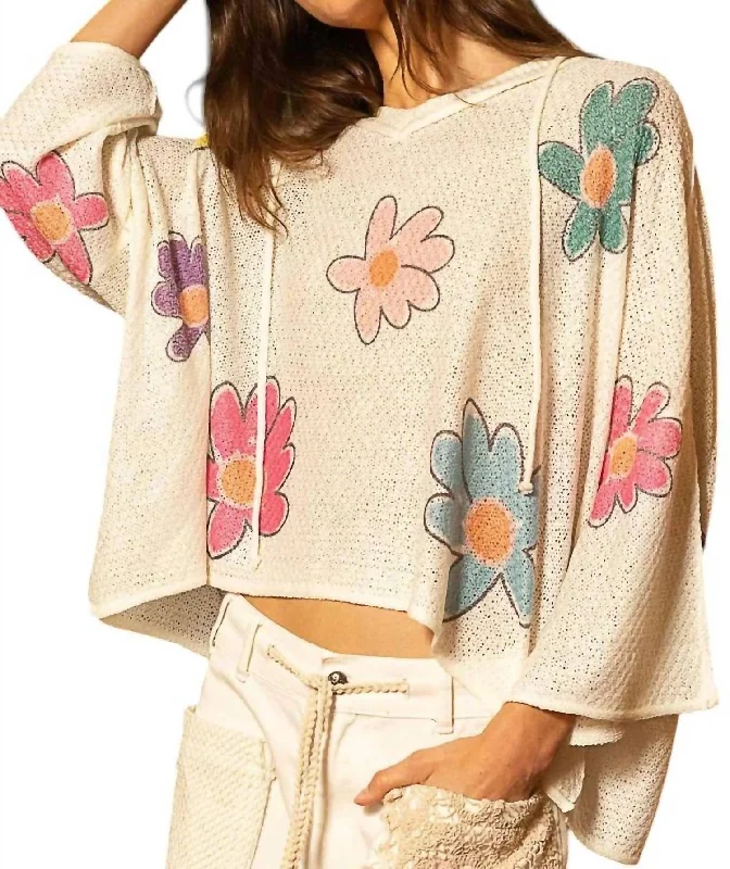 Street Cool Flower Print Hoddie Top In Ivory