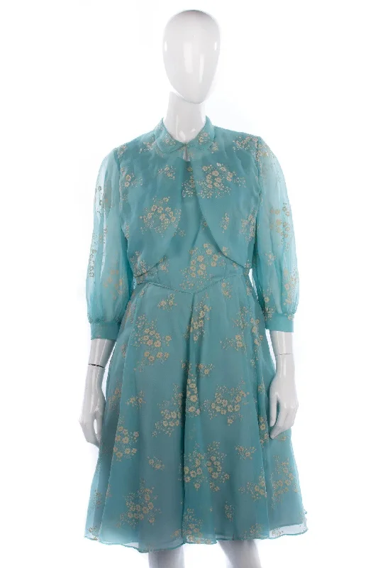 Exquisite Fabrics Peter Robinson Vintage Pale Blue Floral Dress and Jacket UK 12/14