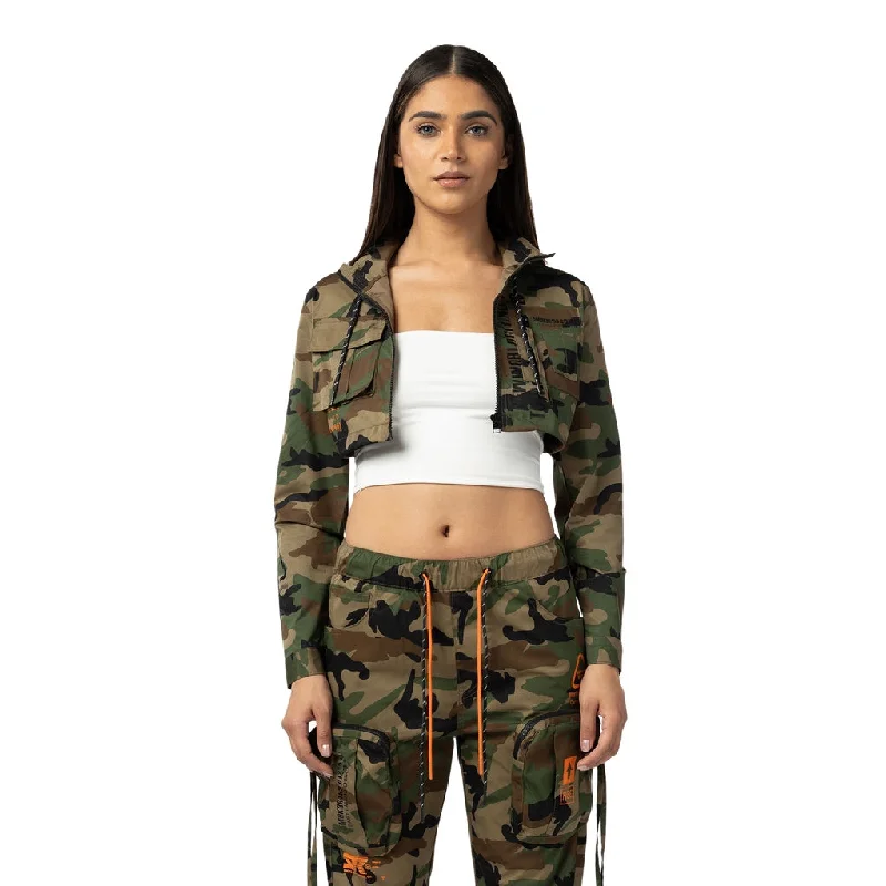 Minimalism Cropped Utility Full Zip Jacket - Wood Camo