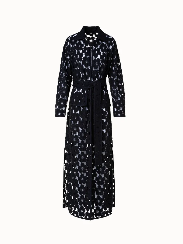 Designer Style Maxi Coat with Allover Anemone Embroidery