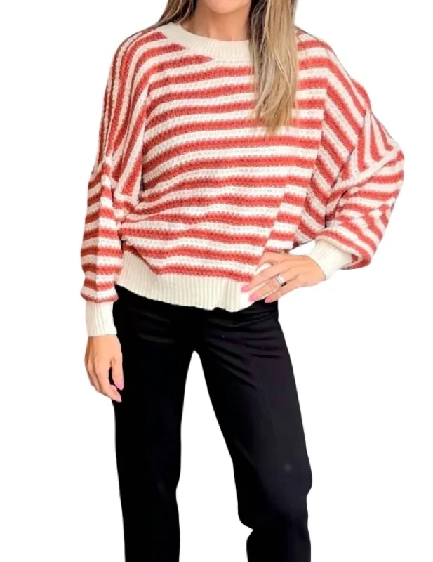 Age-reducing Style Striped Crochet Sweater In Rust