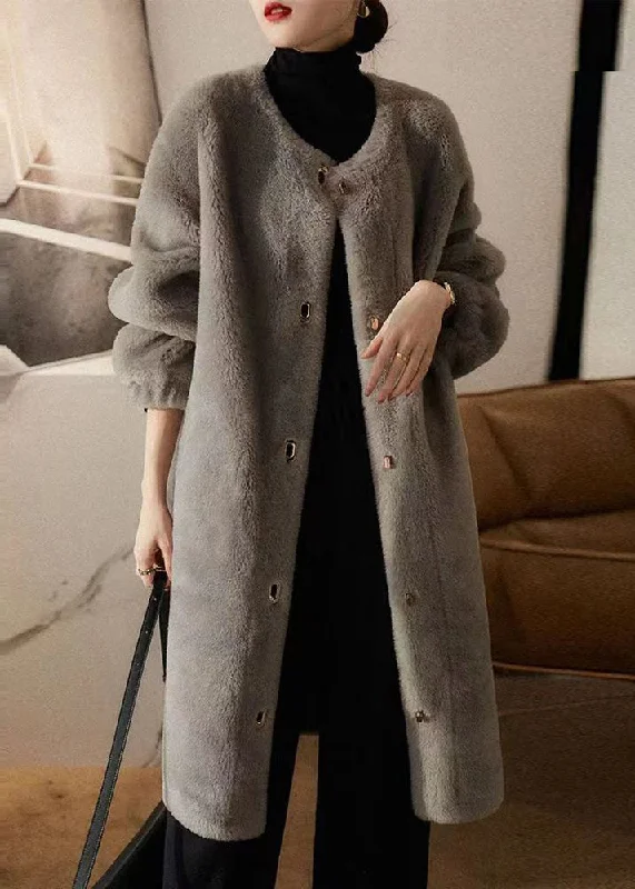 Stunning Fashion Loose Grey O Neck Pockets Patchwork Wool Coats Winter