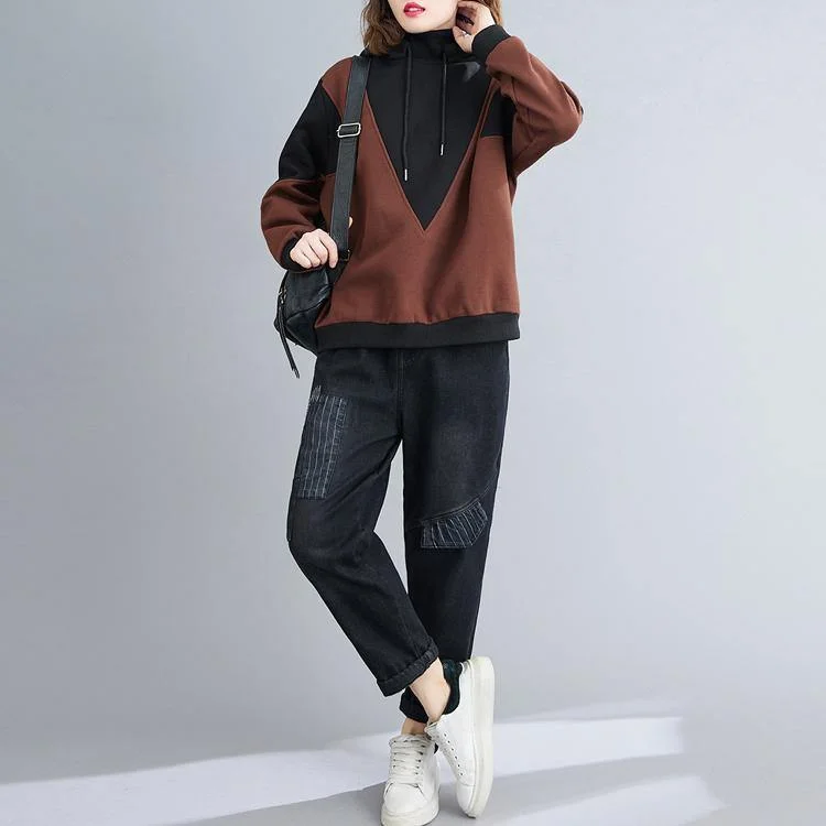 Youthful Style hooded patchwork clothes For Women Photography chocolate shirt