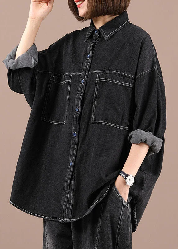 Playful Style Casual Black Loose Casual Denim Fall Long Sleeve Coat