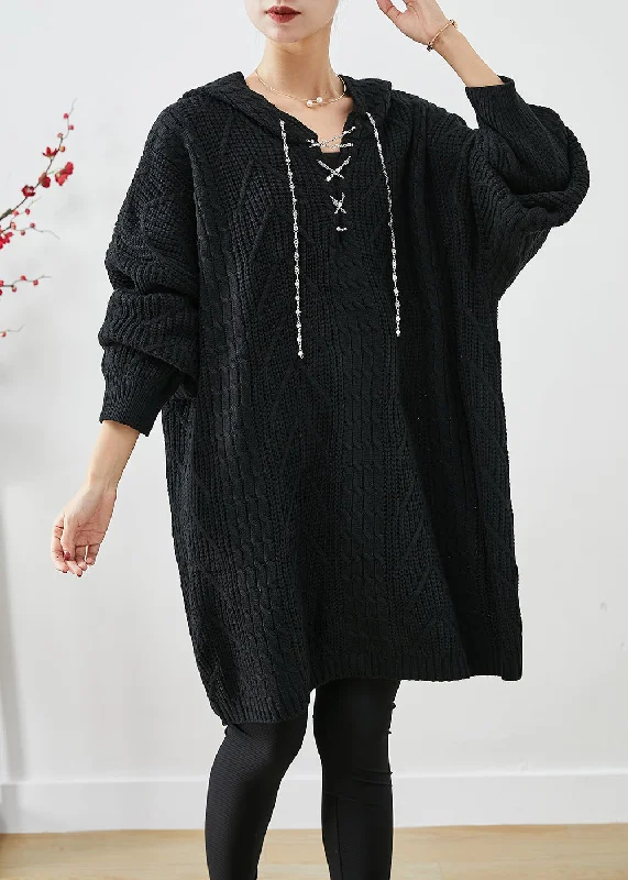 Fresh And Natural Black Loose Knit Long Sweater Dress Hooded Fall