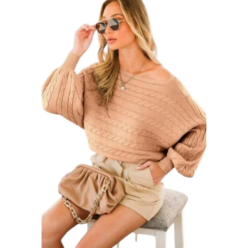 College Style Boat Neck Cable Knitted Sweater In Mocha