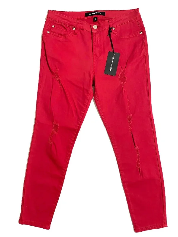 Eye-catching Personality Women's Distressed Denim Skinny Jeans In Red