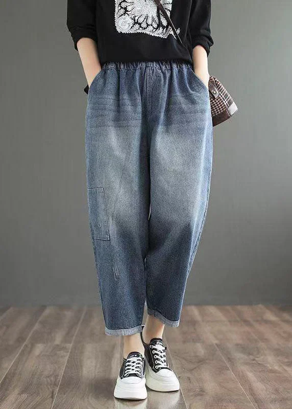 Short Design Fine Blue Elastic Waist Pockets Casual Harem Fall Denim Pants